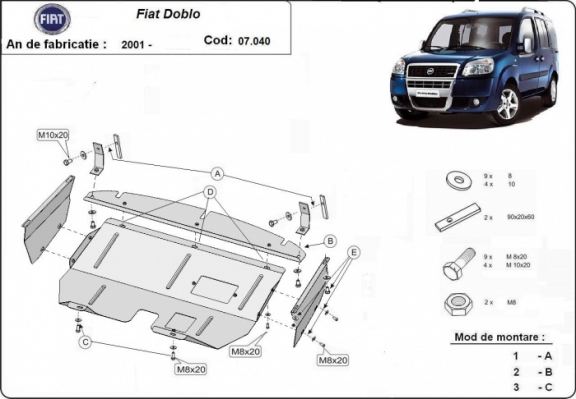 Unterfahrschutz für Motor und Getriebe aus Stahl für  Fiat Doblo