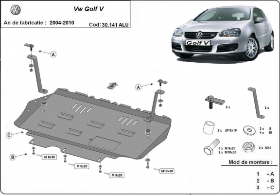 Aluminium Unterfahrschutz für Motor und Getriebe für den Vw Golf mk5