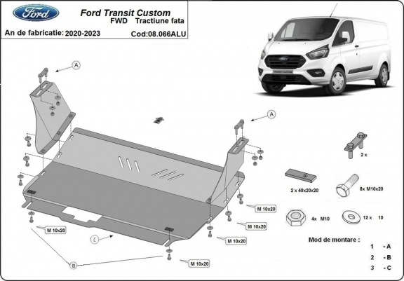 Aluminium Unterfahrschutz für Motor und Getriebe für den Ford Transit Custom - FWD